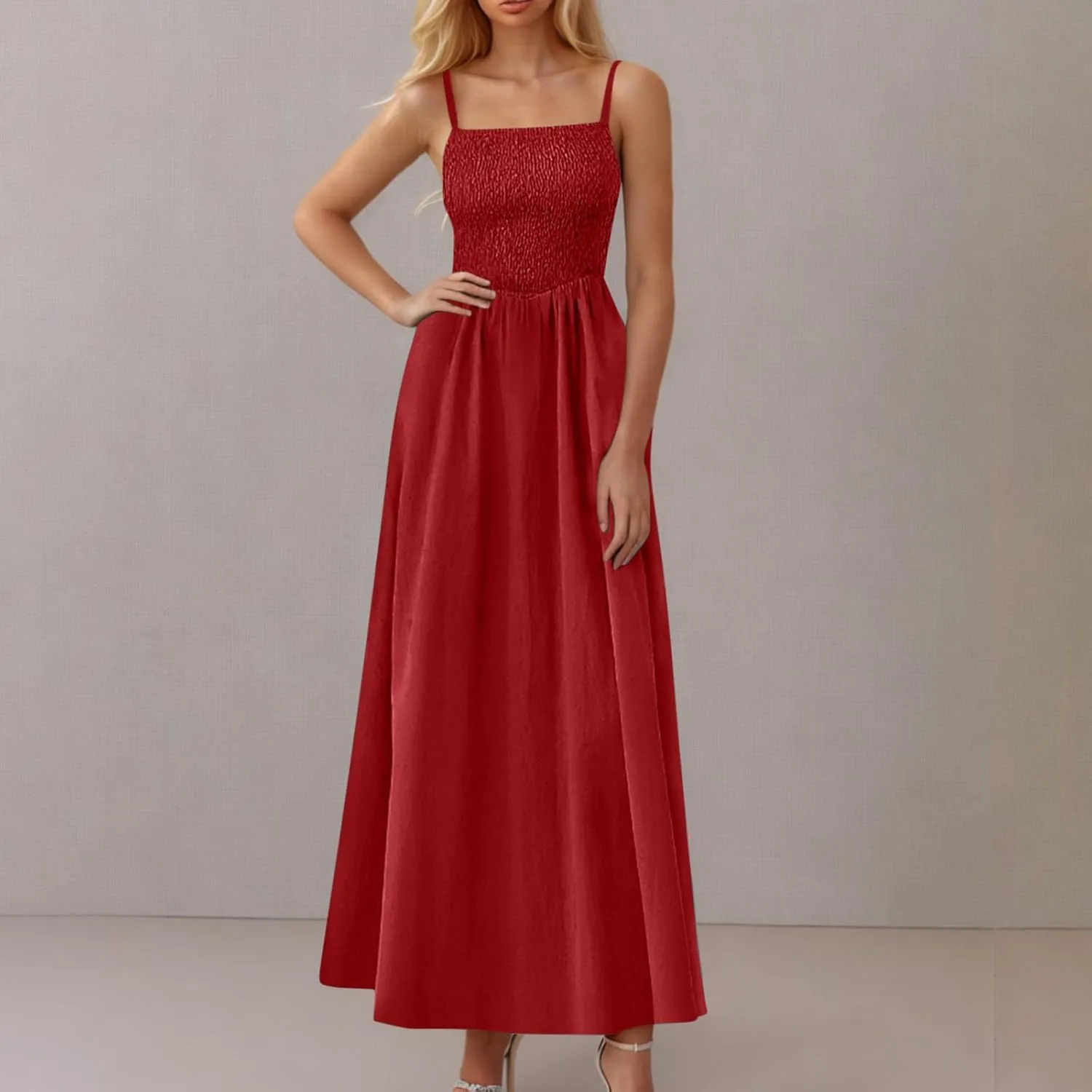 Womens Spaghetti Strap Maxi Dresses Sexy Summer Casual Sleeveless Smocked Boho A Line Long Flowy Swing Beach Sundress