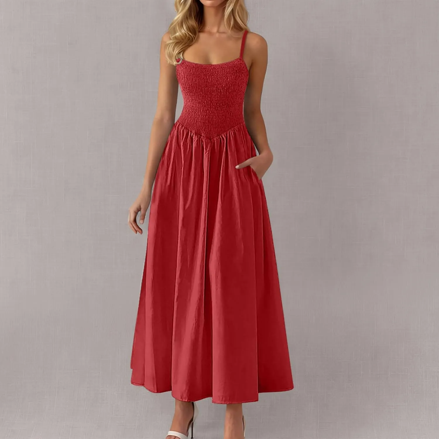 Womens Spaghetti Strap Maxi Dresses Sexy Summer Casual Sleeveless Smocked Boho A Line Long Flowy Swing Beach Sundress