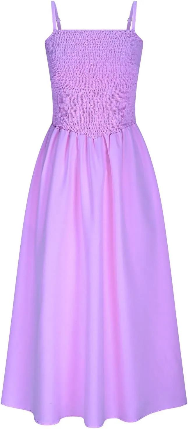 Womens Spaghetti Strap Maxi Dresses Sexy Summer Casual Sleeveless Smocked Boho A Line Long Flowy Swing Beach Sundress