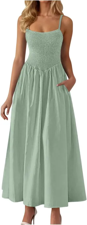 Womens Spaghetti Strap Maxi Dresses Sexy Summer Casual Sleeveless Smocked Boho A Line Long Flowy Swing Beach Sundress