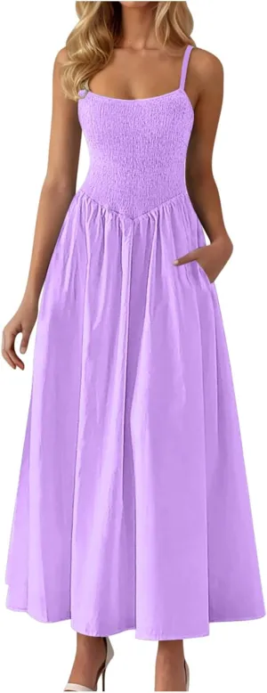 Womens Spaghetti Strap Maxi Dresses Sexy Summer Casual Sleeveless Smocked Boho A Line Long Flowy Swing Beach Sundress