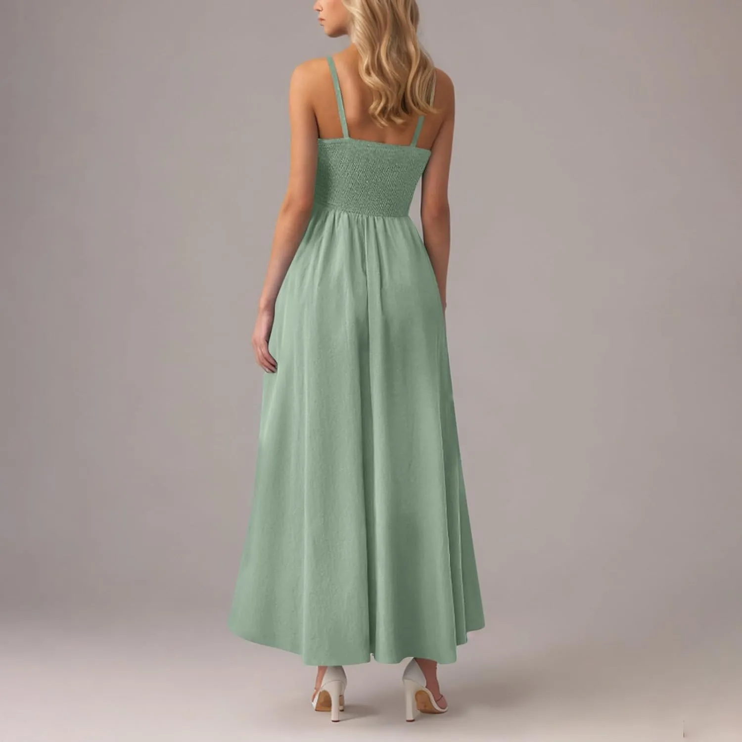 Womens Spaghetti Strap Maxi Dresses Sexy Summer Casual Sleeveless Smocked Boho A Line Long Flowy Swing Beach Sundress