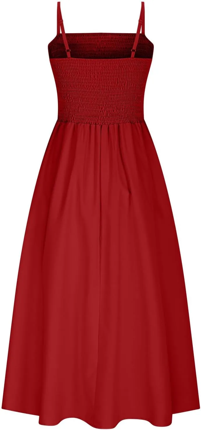 Womens Spaghetti Strap Maxi Dresses Sexy Summer Casual Sleeveless Smocked Boho A Line Long Flowy Swing Beach Sundress