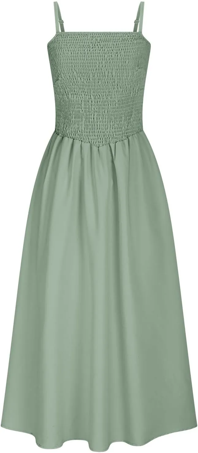 Womens Spaghetti Strap Maxi Dresses Sexy Summer Casual Sleeveless Smocked Boho A Line Long Flowy Swing Beach Sundress