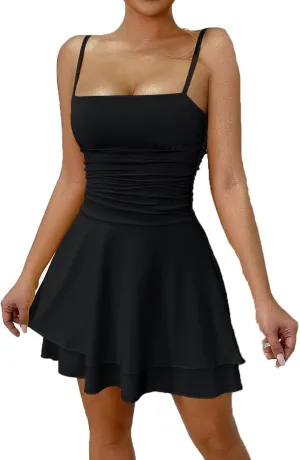 Women's Spaghetti Strap Maxi Dresses Square Neck Ruched Layered Flowy Dress Casual Ruffle Hem A-Line Mini Dress