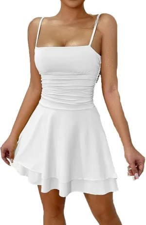 Women's Spaghetti Strap Maxi Dresses Square Neck Ruched Layered Flowy Dress Casual Ruffle Hem A-Line Mini Dress