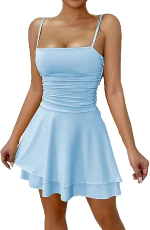 Women's Spaghetti Strap Maxi Dresses Square Neck Ruched Layered Flowy Dress Casual Ruffle Hem A-Line Mini Dress