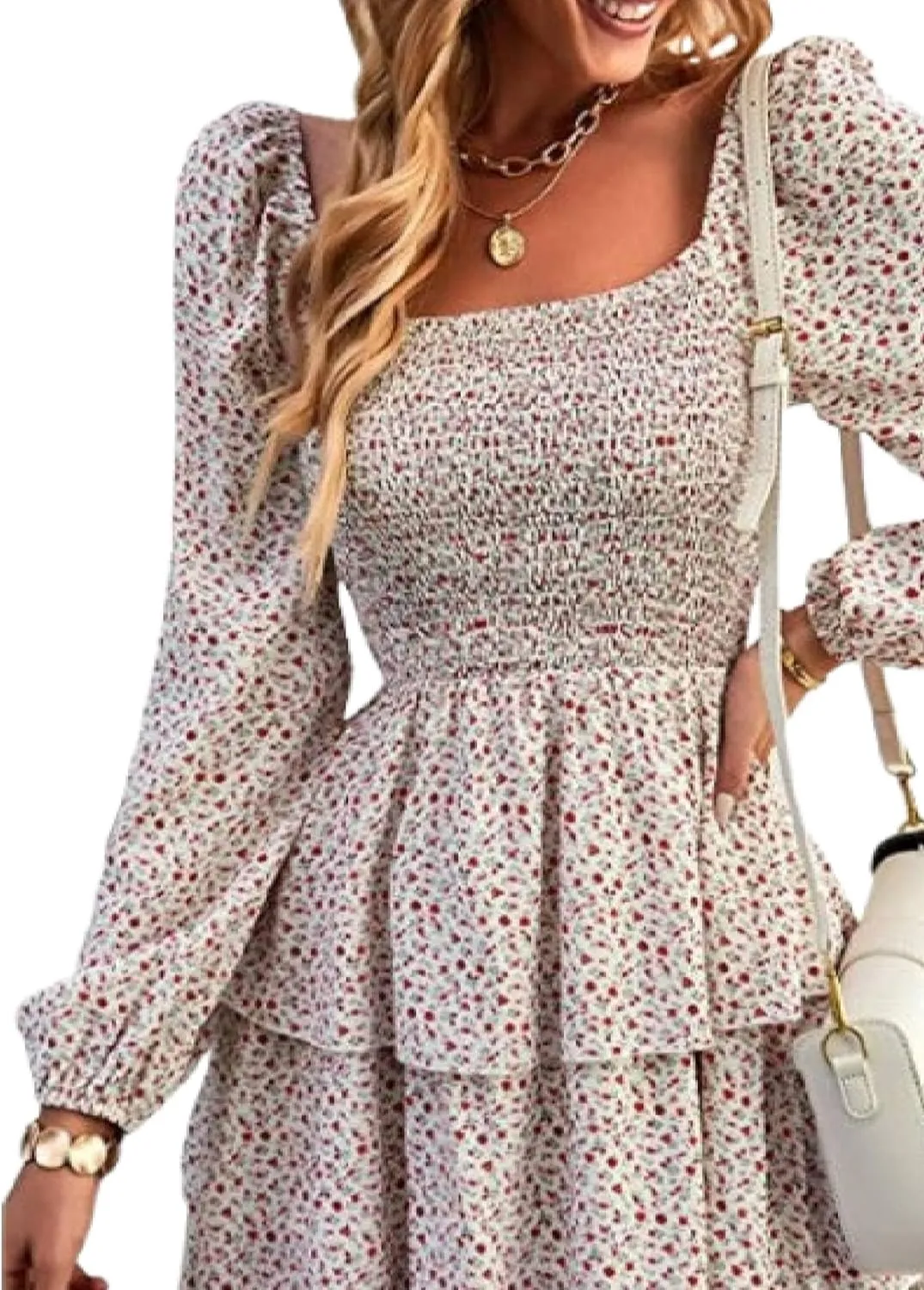 Womens Square Neck Smocked Dresses 2025 Summer Long Sleeve Floral Print Mini Ruffle Trim Dress Boho Wedding Guest Dress