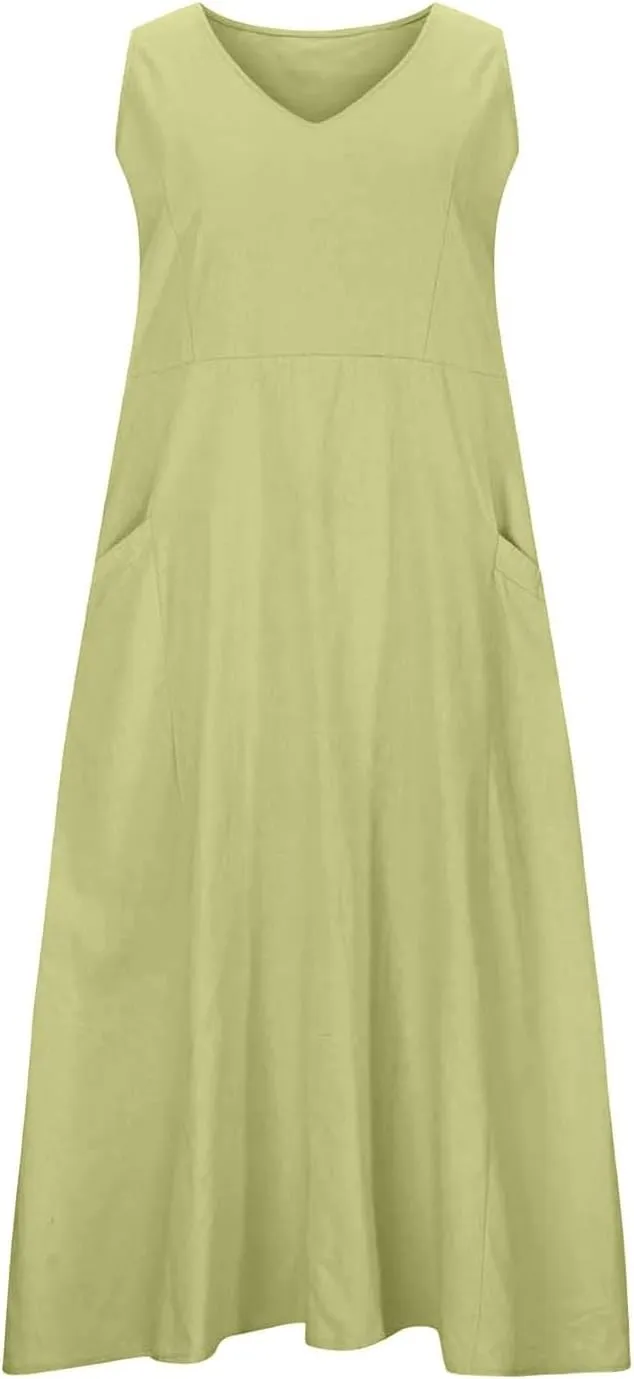 Women's Summer Cotton Linen Dresses 2025 Trendy Elegant Sleeveless Casual Baggy Flowy Beach Maxi Sun Dresses Pocket
