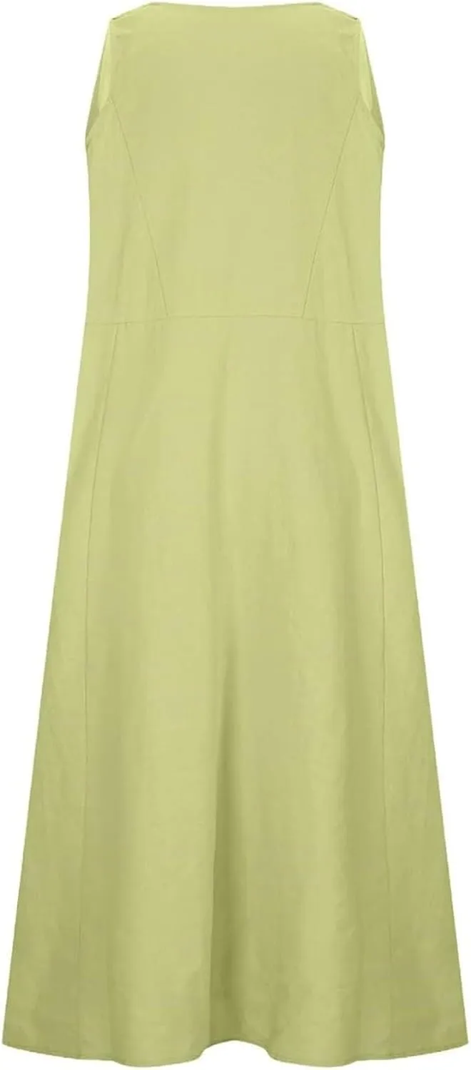 Women's Summer Cotton Linen Dresses 2025 Trendy Elegant Sleeveless Casual Baggy Flowy Beach Maxi Sun Dresses Pocket