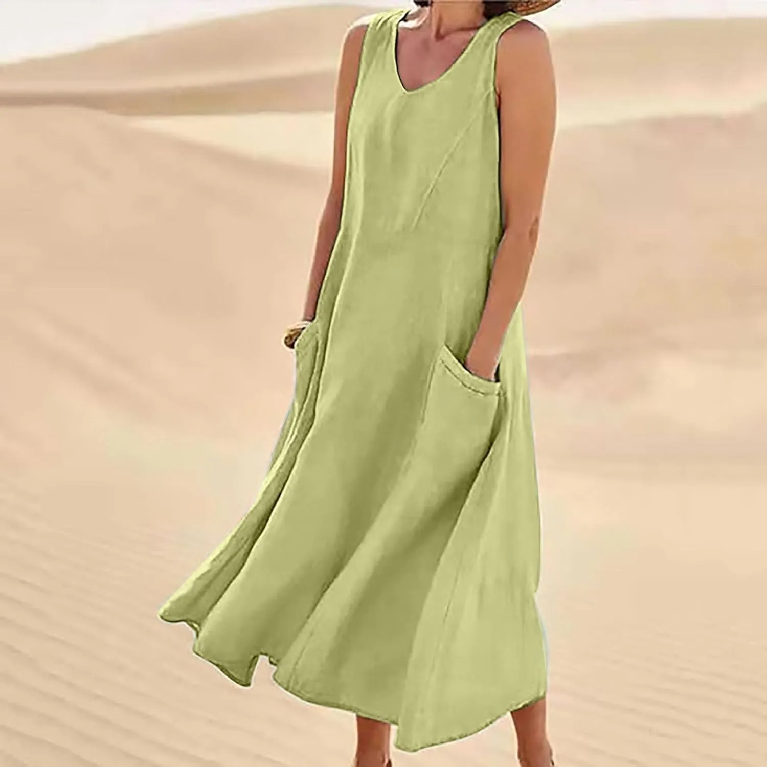 Women's Summer Cotton Linen Dresses 2025 Trendy Elegant Sleeveless Casual Baggy Flowy Beach Maxi Sun Dresses Pocket