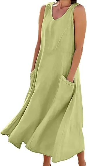 Women's Summer Cotton Linen Dresses 2025 Trendy Elegant Sleeveless Casual Baggy Flowy Beach Maxi Sun Dresses Pocket