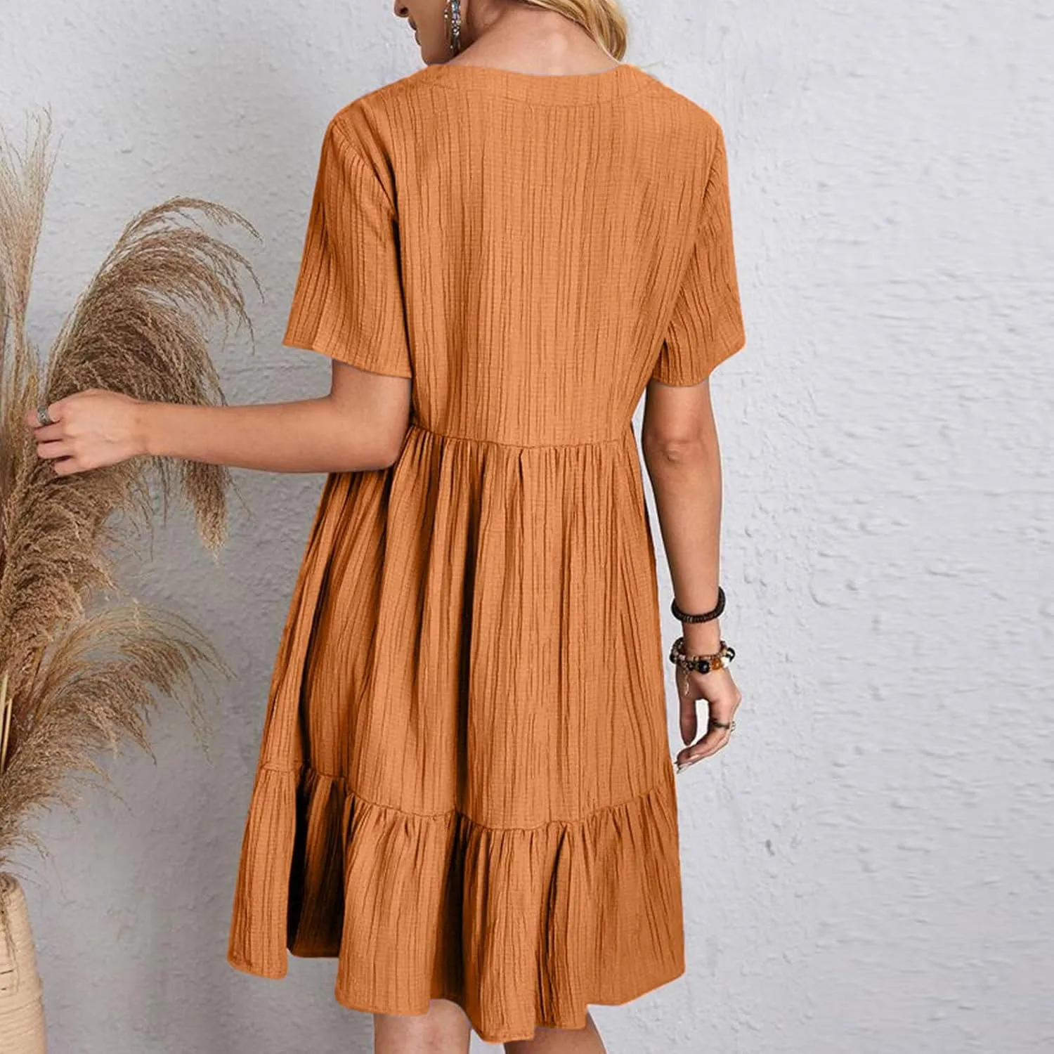 Womens Summer Dresses Trendy Short Sleeve V Neck A Line Ruffle Tiered Flowy Casual Mini Beach Dress Tshirt Sundress