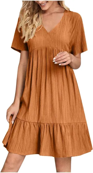 Womens Summer Dresses Trendy Short Sleeve V Neck A Line Ruffle Tiered Flowy Casual Mini Beach Dress Tshirt Sundress