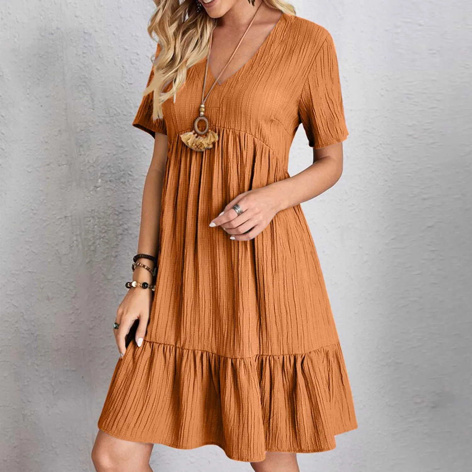 Womens Summer Dresses Trendy Short Sleeve V Neck A Line Ruffle Tiered Flowy Casual Mini Beach Dress Tshirt Sundress
