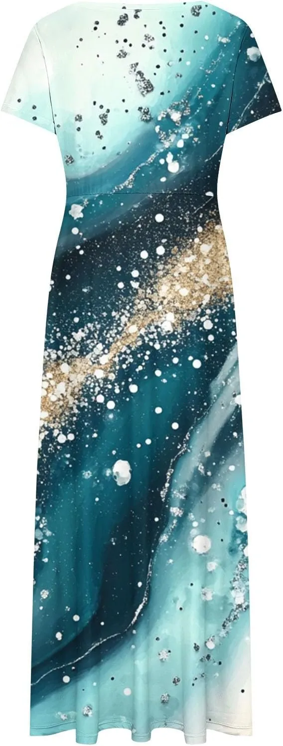 Womens Summer Empire Waist Maxi Dress with Pockets Casual Dressy Short Sleeve Floral Sundress Holiday Long Dresses