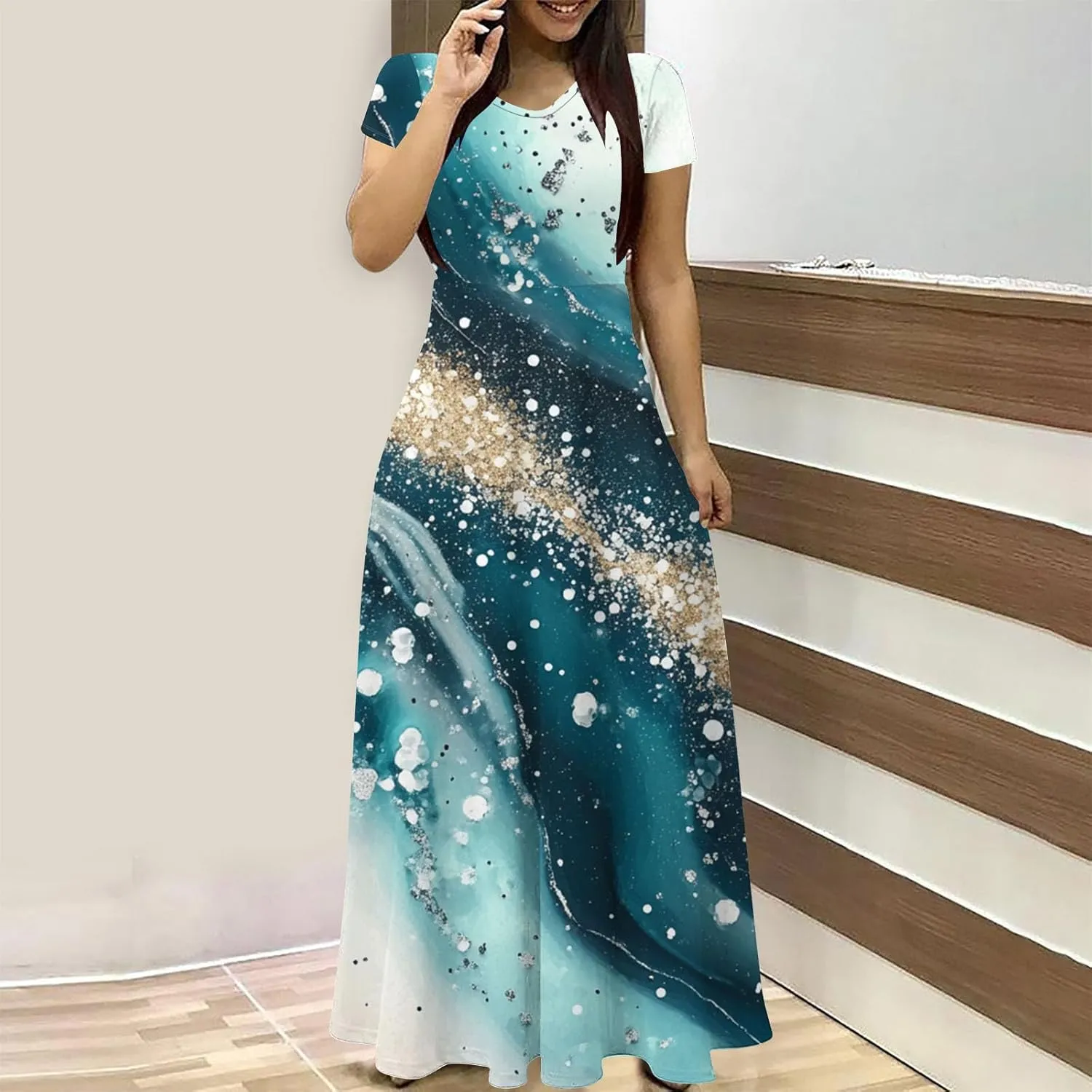 Womens Summer Empire Waist Maxi Dress with Pockets Casual Dressy Short Sleeve Floral Sundress Holiday Long Dresses