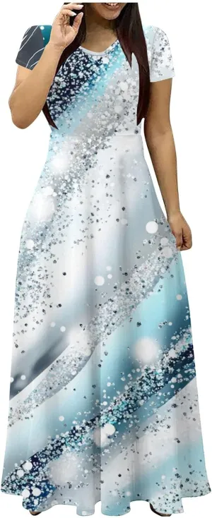 Womens Summer Empire Waist Maxi Dress with Pockets Casual Dressy Short Sleeve Floral Sundress Holiday Long Dresses