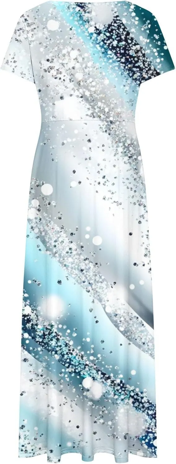 Womens Summer Empire Waist Maxi Dress with Pockets Casual Dressy Short Sleeve Floral Sundress Holiday Long Dresses