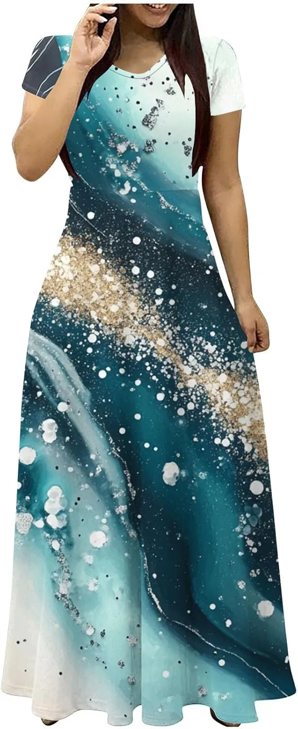 Womens Summer Empire Waist Maxi Dress with Pockets Casual Dressy Short Sleeve Floral Sundress Holiday Long Dresses