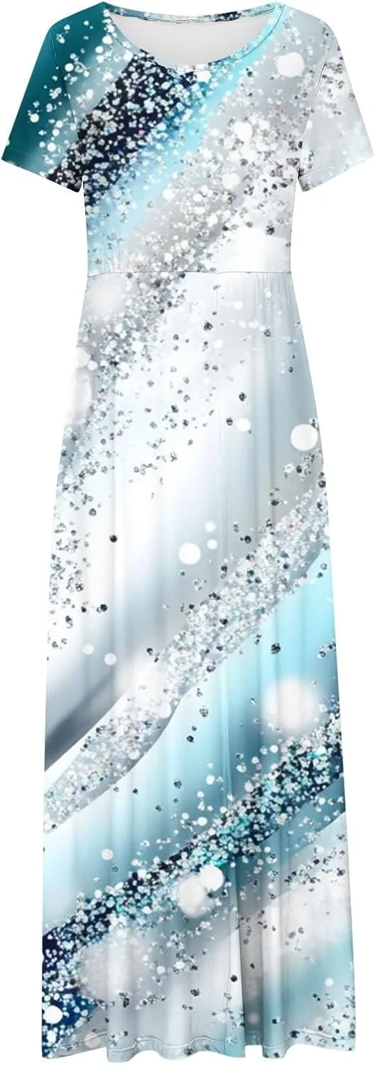 Womens Summer Empire Waist Maxi Dress with Pockets Casual Dressy Short Sleeve Floral Sundress Holiday Long Dresses