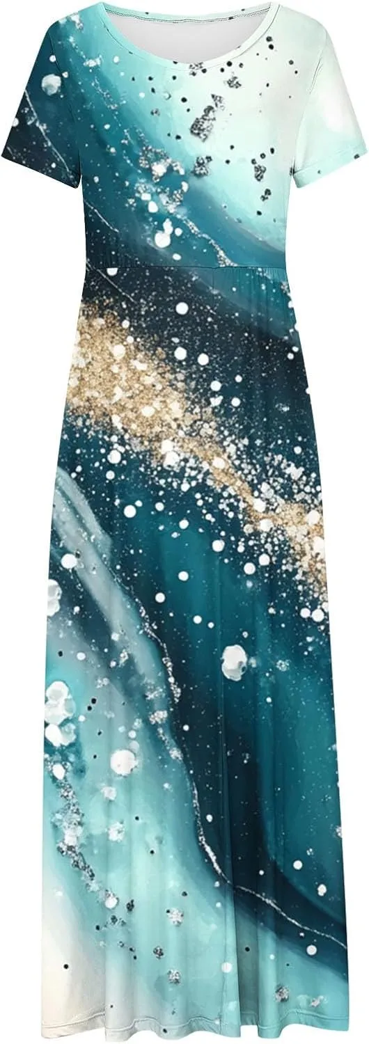 Womens Summer Empire Waist Maxi Dress with Pockets Casual Dressy Short Sleeve Floral Sundress Holiday Long Dresses