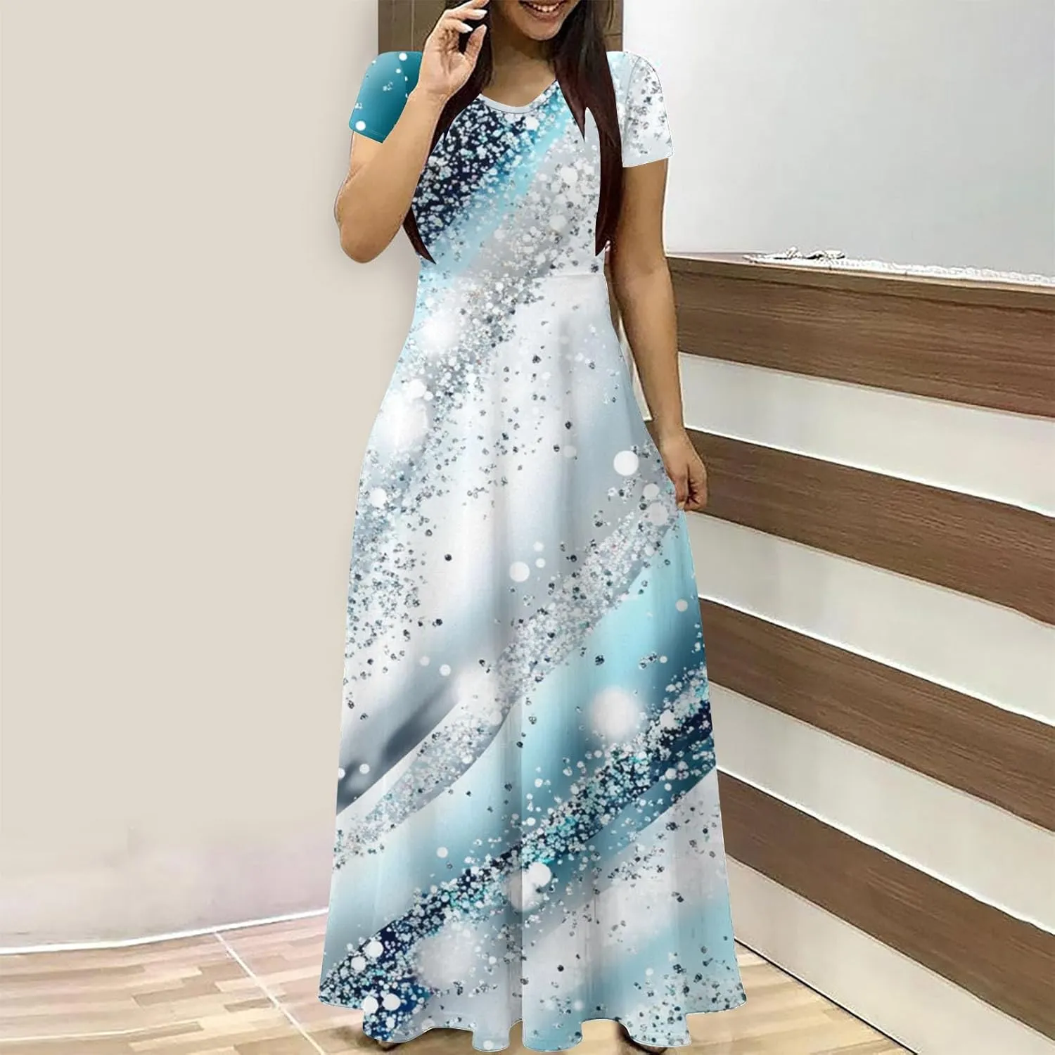 Womens Summer Empire Waist Maxi Dress with Pockets Casual Dressy Short Sleeve Floral Sundress Holiday Long Dresses