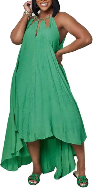 Womens Summer Halter Sleeveless Maxi Dresses Ruffle Asymmetrical Flowy Beach Sundress