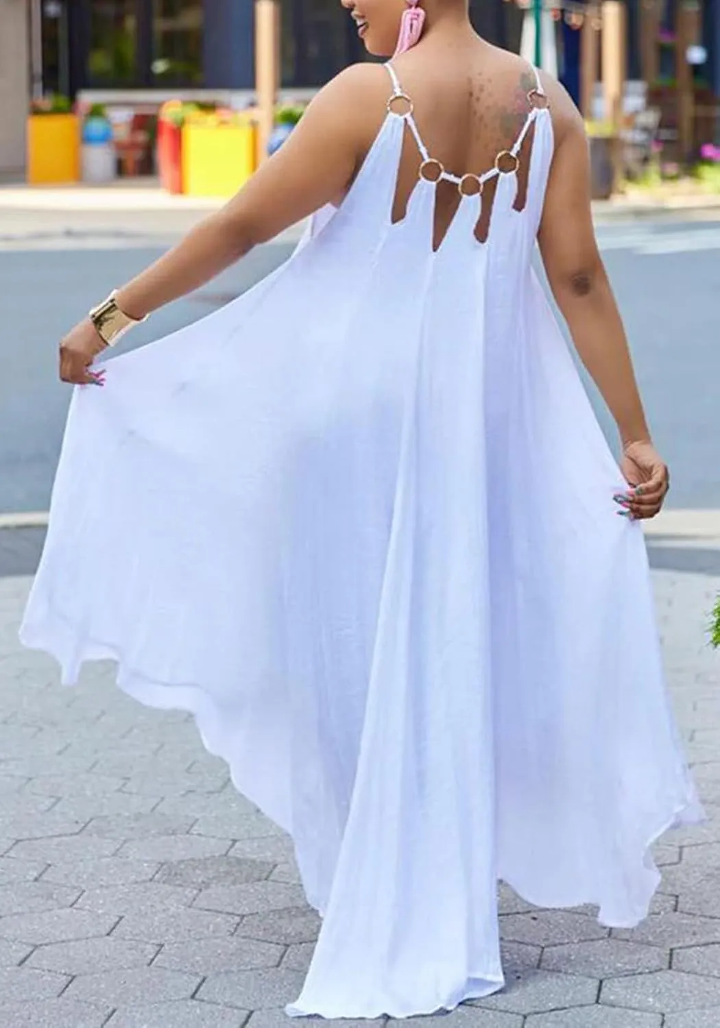 Womens Summer Halter Sleeveless Maxi Dresses Ruffle Asymmetrical Flowy Beach Sundress