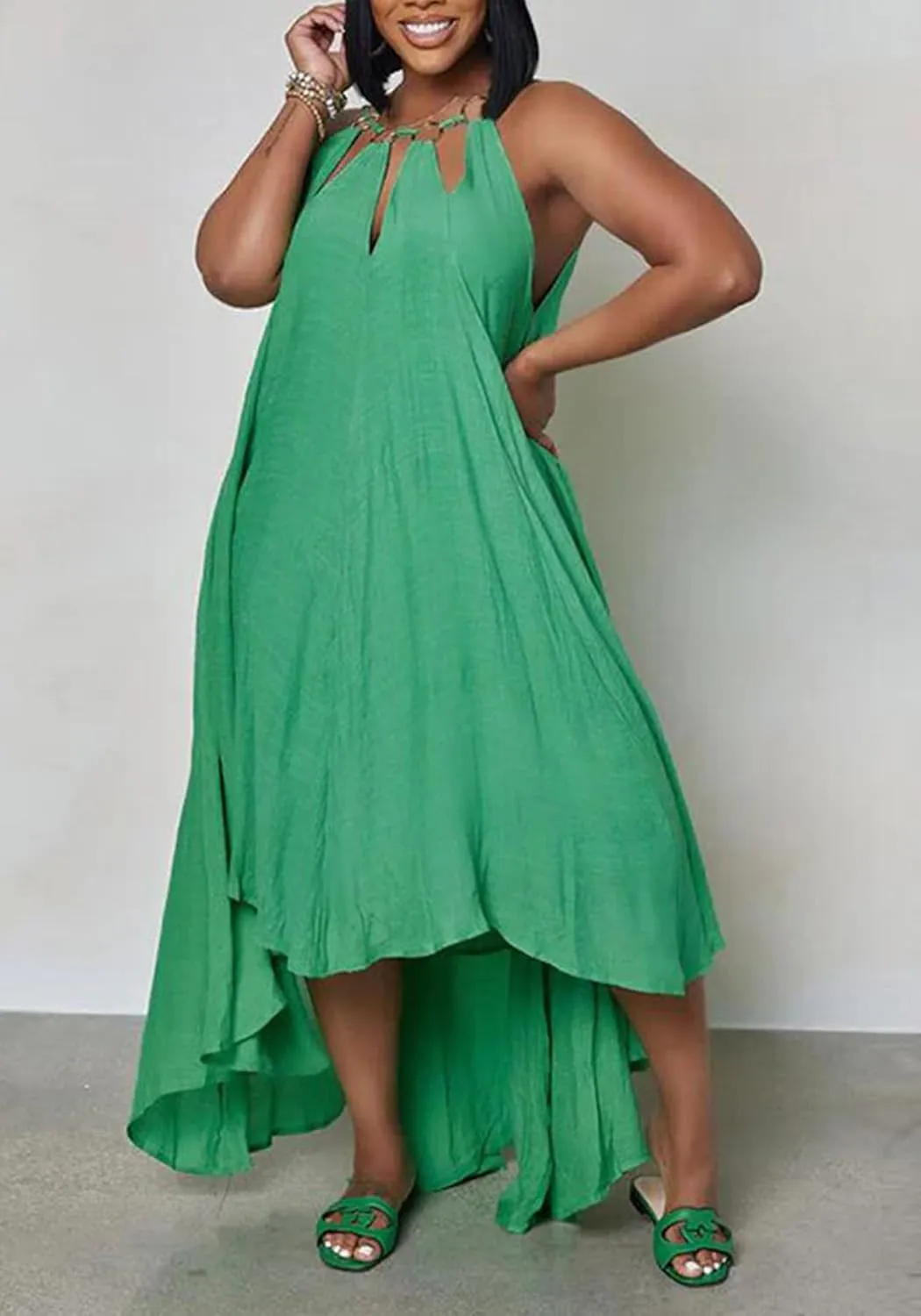 Womens Summer Halter Sleeveless Maxi Dresses Ruffle Asymmetrical Flowy Beach Sundress