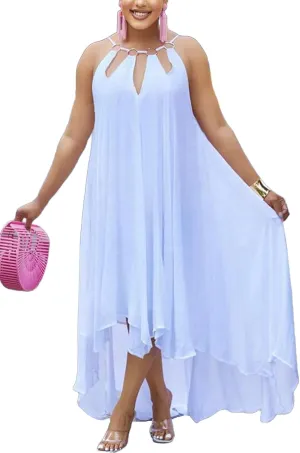 Womens Summer Halter Sleeveless Maxi Dresses Ruffle Asymmetrical Flowy Beach Sundress