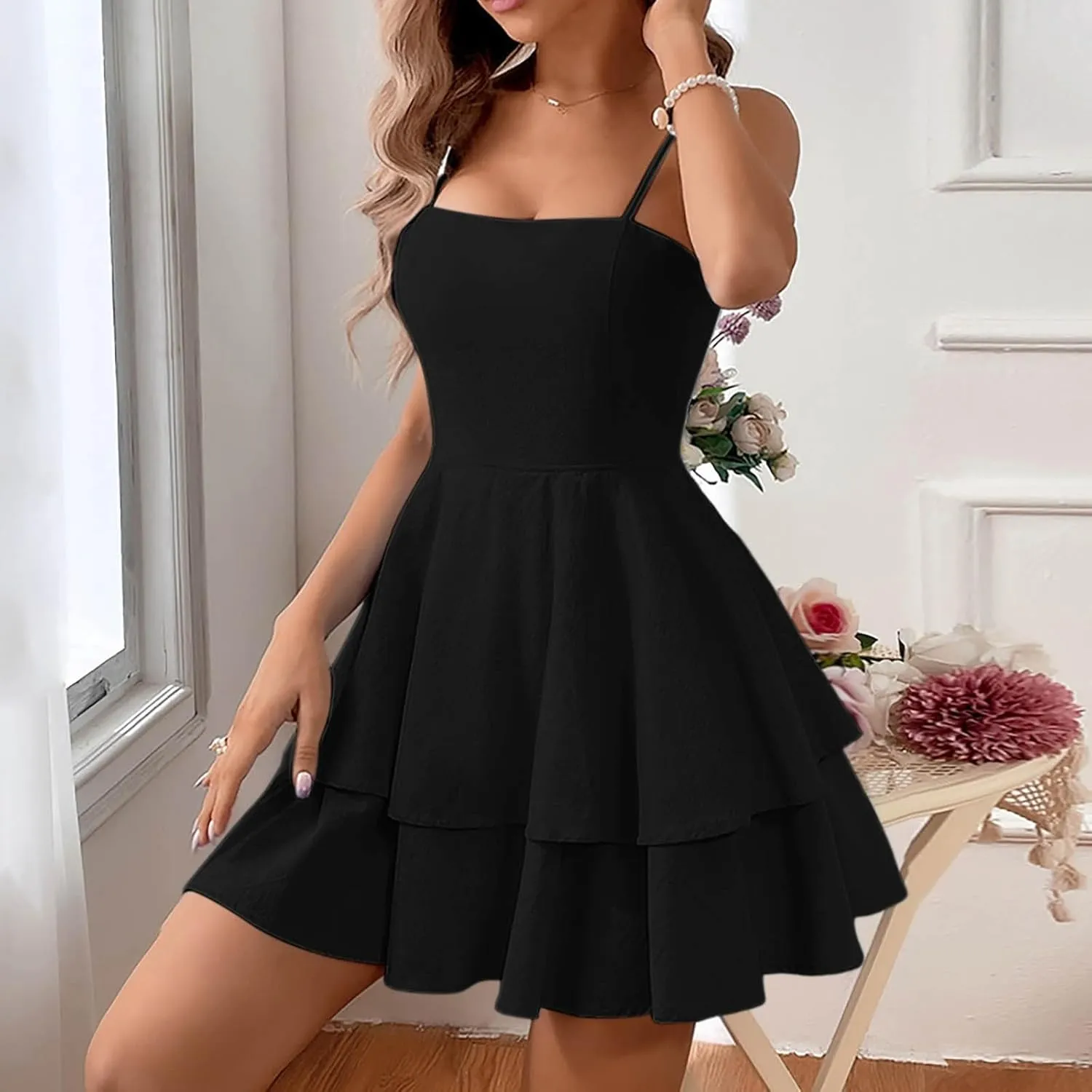 Womens Summer Sleeveless Mini Dress Sexy Backless Spaghetti Strap Ruffle Beach Dresses Trendy Casual A Line Dress