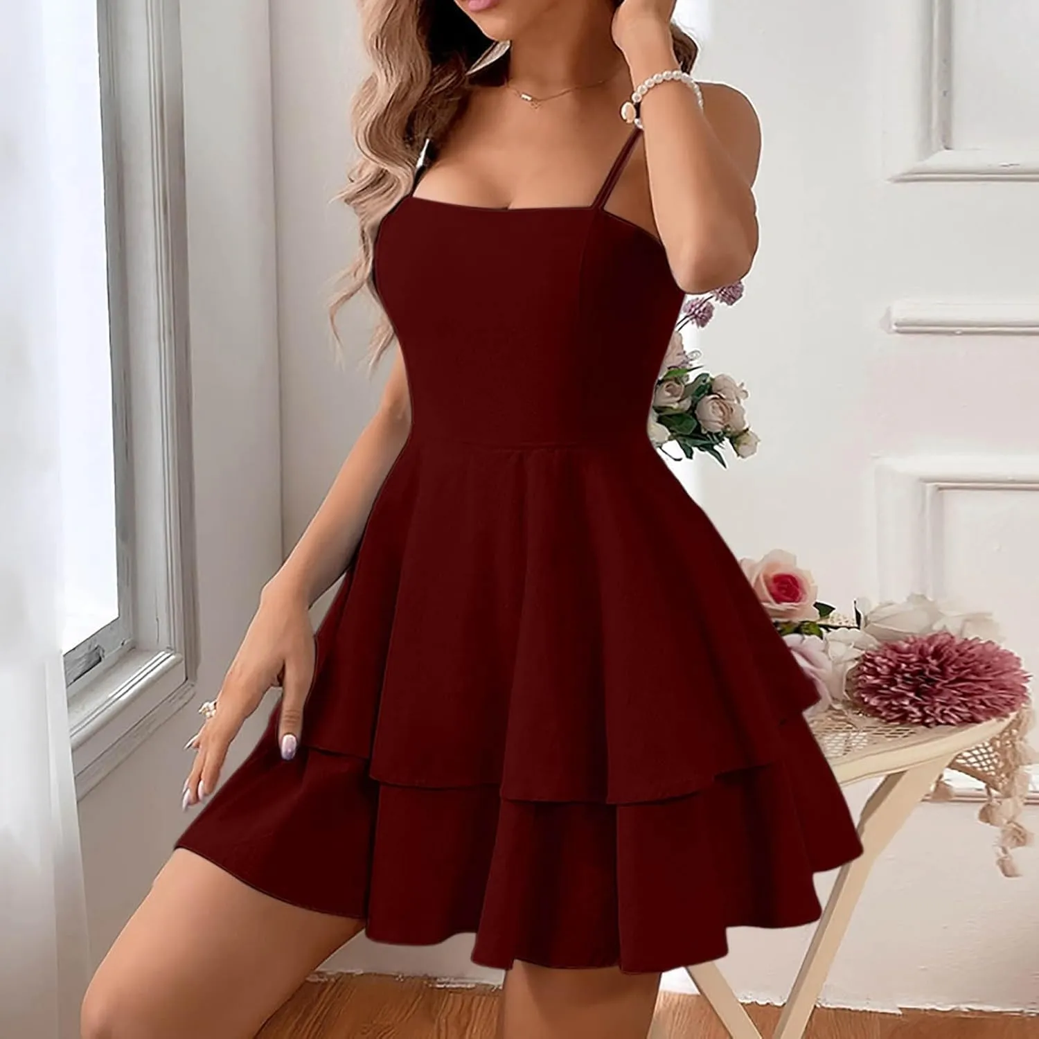 Womens Summer Sleeveless Mini Dress Sexy Backless Spaghetti Strap Ruffle Beach Dresses Trendy Casual A Line Dress