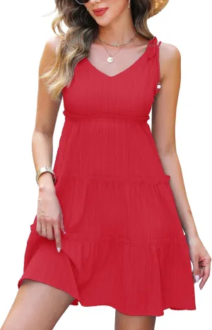 Women's Summer Tiered Sundress, V-Neck Sleeveless Ruffle Casual A-Line Beach Mini Dress with Shoulder Ties Red XXL