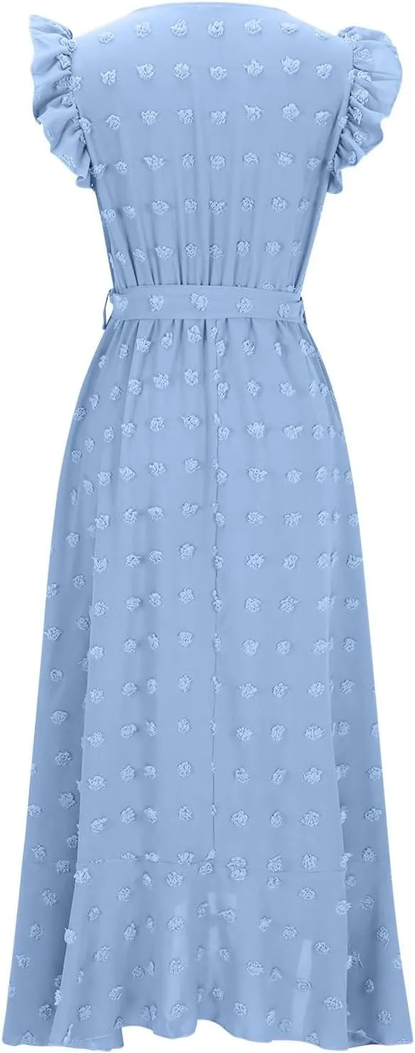 Womens Summer Wrap Maxi Dress Casual Boho V Neck Ruffle Short Sleeve Ruffle Hem Split Beach Long Dresses