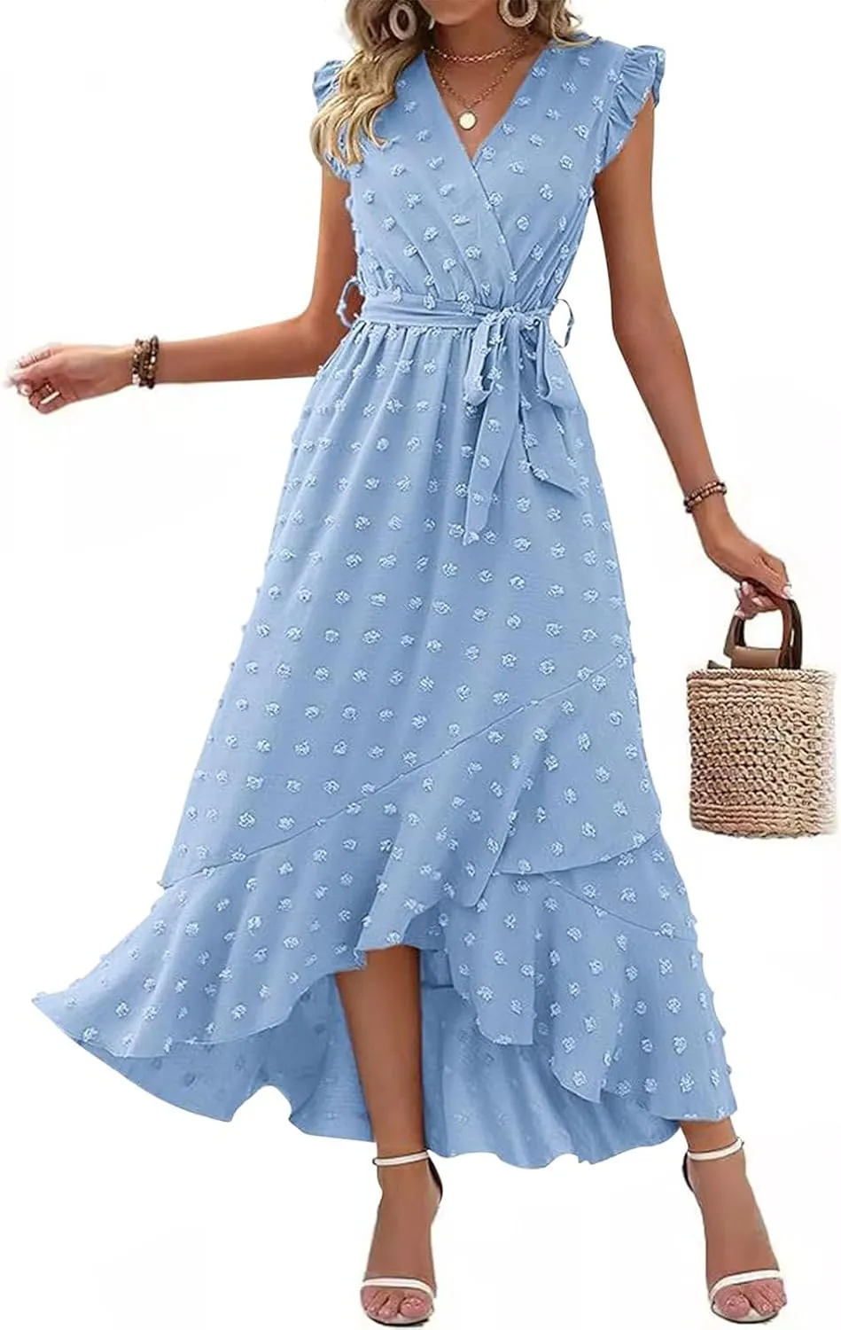 Womens Summer Wrap Maxi Dress Casual Boho V Neck Ruffle Short Sleeve Ruffle Hem Split Beach Long Dresses