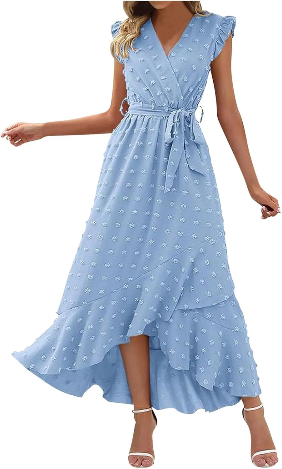 Womens Summer Wrap Maxi Dress Casual Boho V Neck Ruffle Short Sleeve Ruffle Hem Split Beach Long Dresses