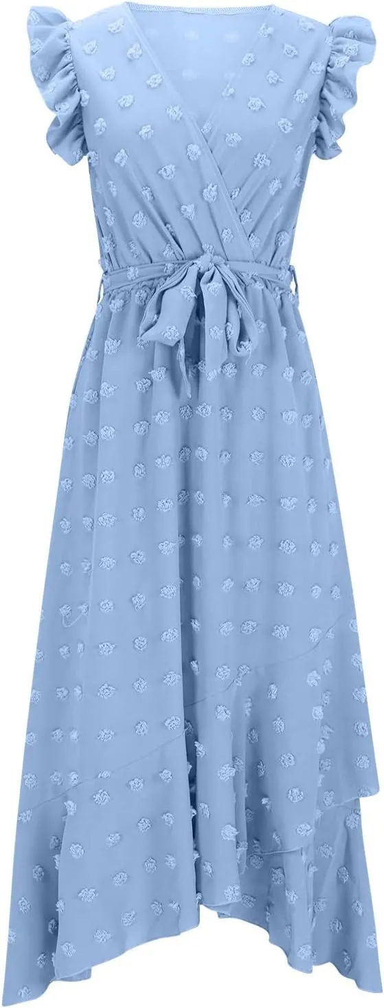 Womens Summer Wrap Maxi Dress Casual Boho V Neck Ruffle Short Sleeve Ruffle Hem Split Beach Long Dresses