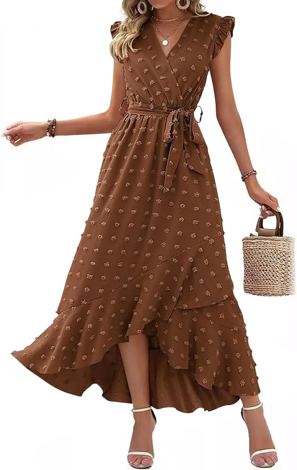 Womens Summer Wrap Maxi Dress Casual Boho V Neck Ruffle Short Sleeve Ruffle Hem Split Beach Long Dresses
