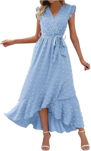 Womens Summer Wrap Maxi Dress Casual Boho V Neck Ruffle Short Sleeve Ruffle Hem Split Beach Long Dresses