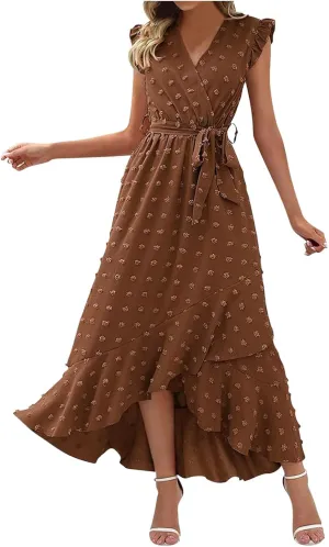 Womens Summer Wrap Maxi Dress Casual Boho V Neck Ruffle Short Sleeve Ruffle Hem Split Beach Long Dresses