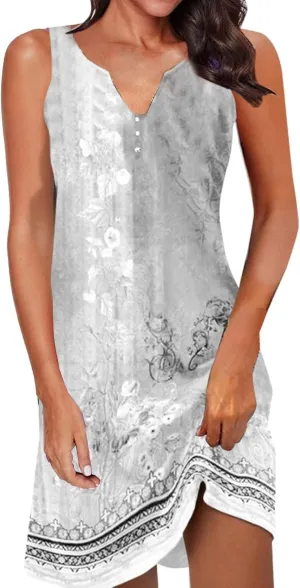 Womens Sundresses Casual Floral Sleeveless V Neck Tank Dress Beach Vacation Outfits Short Knee Length Dress