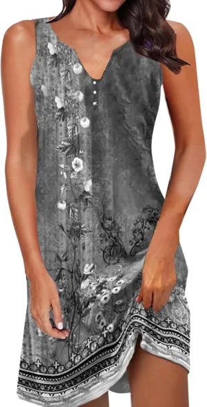 Womens Sundresses Casual Floral Sleeveless V Neck Tank Dress Beach Vacation Outfits Short Knee Length Dress