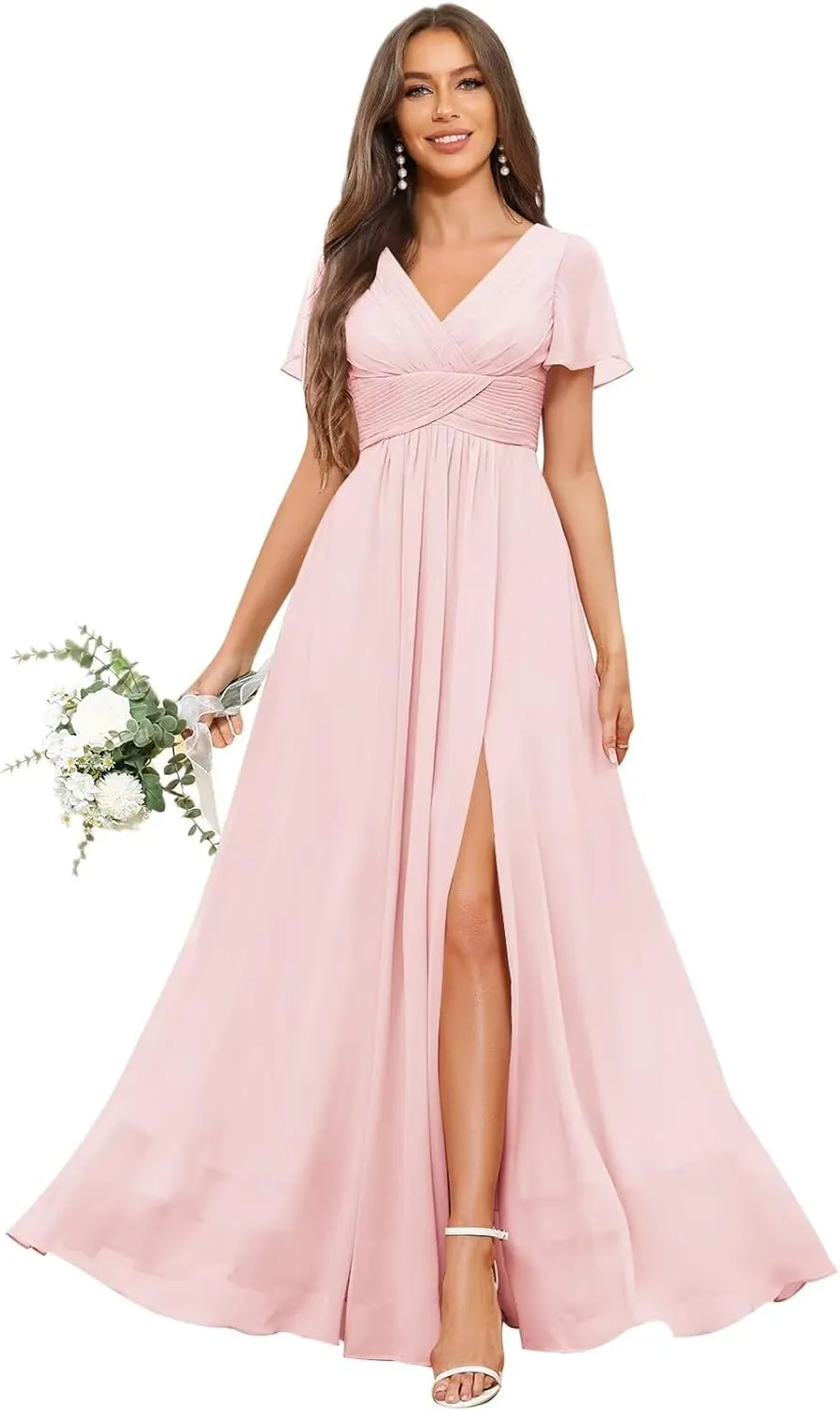 Women's V Neck Bridesmaid Dresses for Wedding Short Sleeve Pleated Long Slit Formal Dress Evening Gown
