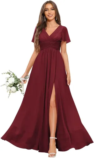 Women's V Neck Bridesmaid Dresses for Wedding Short Sleeve Pleated Long Slit Formal Dress Evening Gown