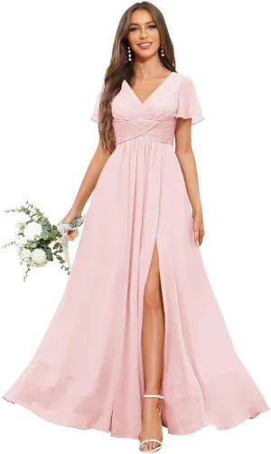Women's V Neck Bridesmaid Dresses for Wedding Short Sleeve Pleated Long Slit Formal Dress Evening Gown