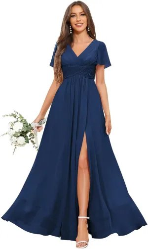Women's V Neck Bridesmaid Dresses for Wedding Short Sleeve Pleated Long Slit Formal Dress Evening Gown