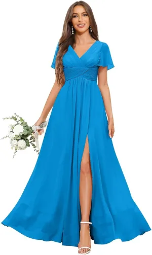 Women's V Neck Bridesmaid Dresses for Wedding Short Sleeve Pleated Long Slit Formal Dress Evening Gown