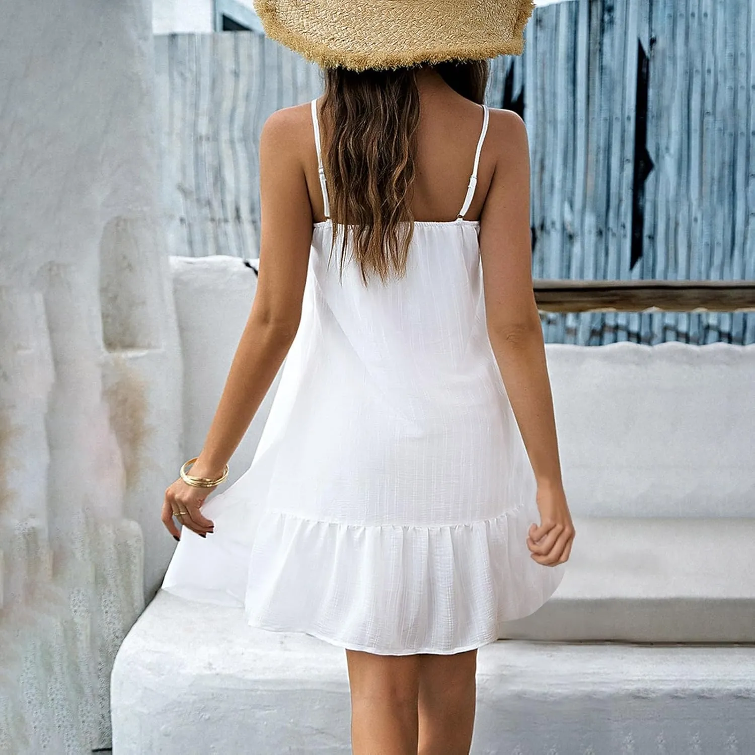 XOWRTE Summer Dresses for Women 2025 Vacation Spaghetti Strap V Neck Mini T Shirt Dress Pleated Ruffle Flowy Beach Sundresses