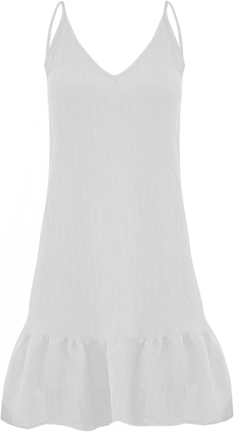 XOWRTE Summer Dresses for Women 2025 Vacation Spaghetti Strap V Neck Mini T Shirt Dress Pleated Ruffle Flowy Beach Sundresses
